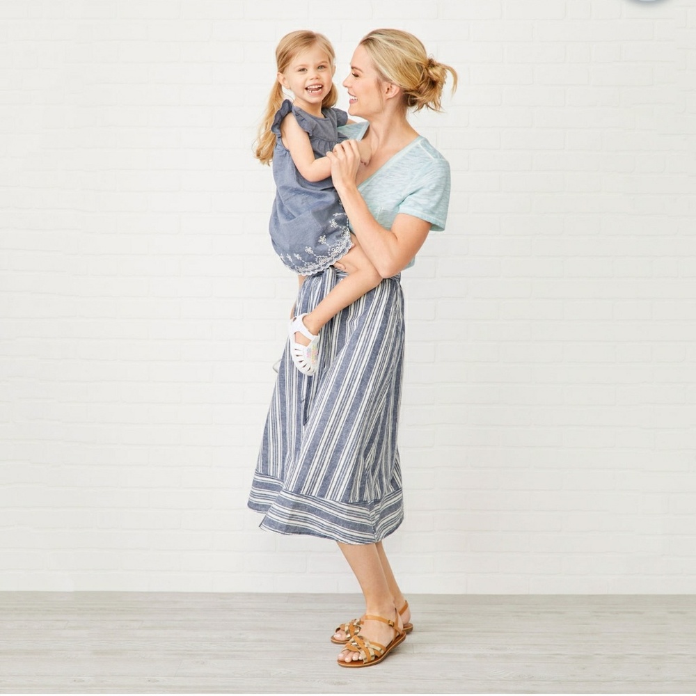 Midi Skirt Linen Cotton Blue Stripe Pockets 10